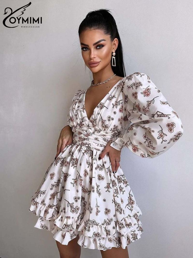 Oymimi Fashion Black Print Womens Dresses Elegant Deep V-Neck Open Back Long Sleeve Dresses Casual Cascading Ruffled Mini Dress