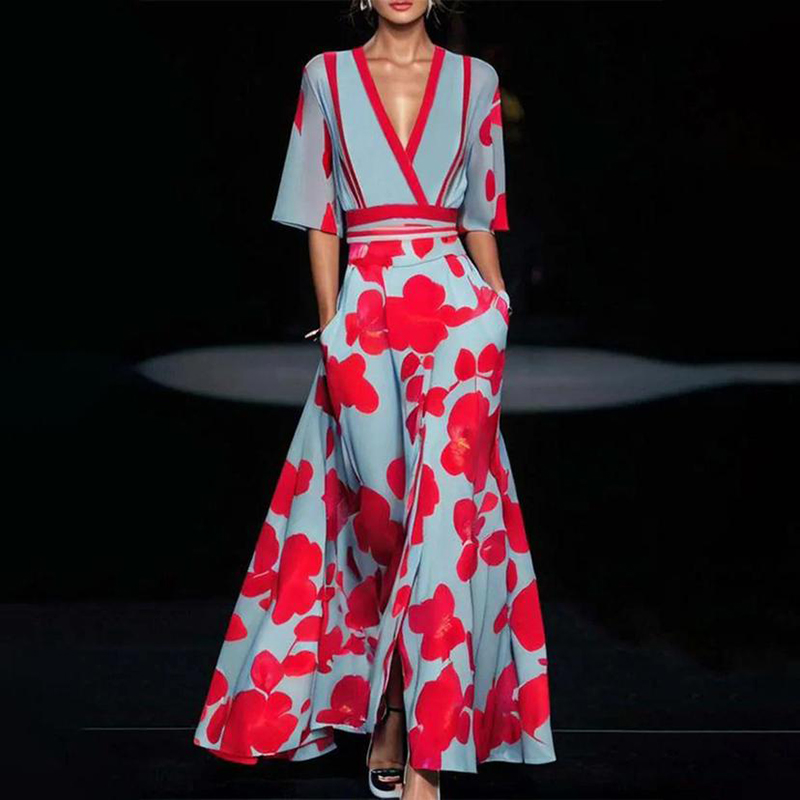 Sexy Deep V Pocket Pleated Long Dress Fashion Floral Print High Waist Bohemian Dress Elegant Short Sleeved Party Dress for Women
