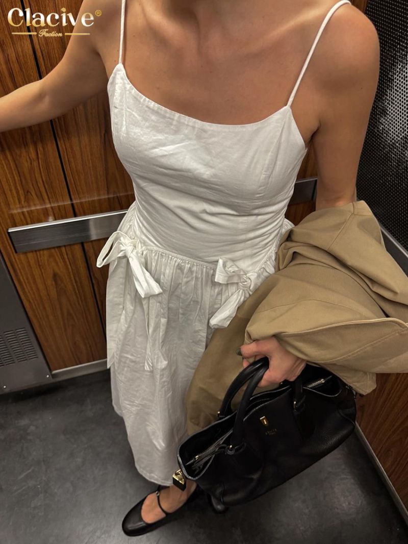 Clacive Sexy Loose White Cotton Dress Ladies Summer Strap Sleeveless Dress Elegant Classic High Wiast Lace-Up Dresses For Women
