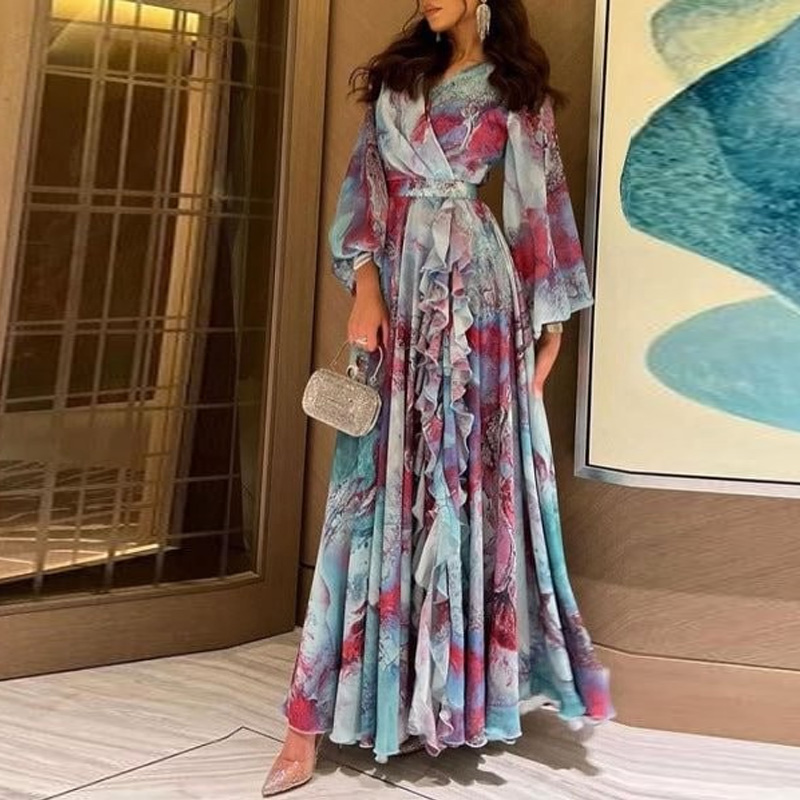 Spring Women Casual Swing Boho Dresses Vintage Tie-dyed Printed Chiffon Dress Fashion V-neck Lantern Sleeve Holiday Long Dress