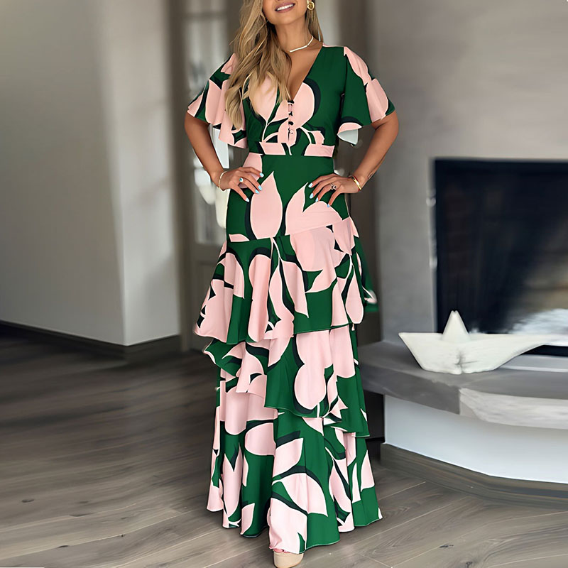 Elegant High Waist Slim Fit Long Dress Fashion Design Ruffle Edge Cake Dress New 2024 Casual Pattern Printed Short Sleeved Dress