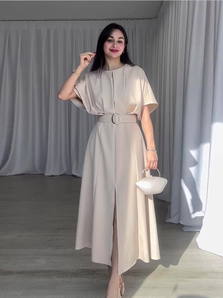 Women Elegant O-neck High Waist Solid A-line Dresses Fashion Pleat Hem Slit With Belt Dress Lady Summer Casual Office Robes