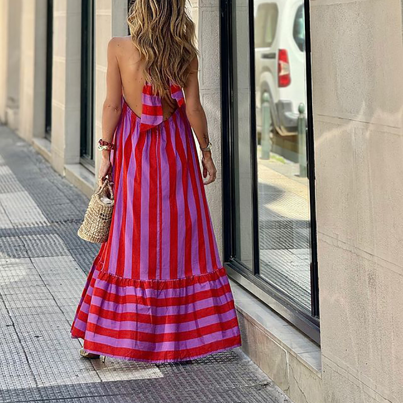 Summer Hollowed Out Lace Up Backless Party Dress Lady Fashion Halter Holiday Dress Casual Pattern Printed Sleeveless Long Dress