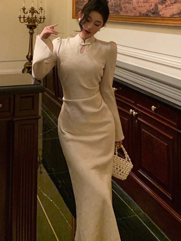Chinese Style Midi Dress Women Flare Sleeve Slim Mermaid Autumn Spring Fashion Evening Party Prom Robe Wedding Vestidos Mujer