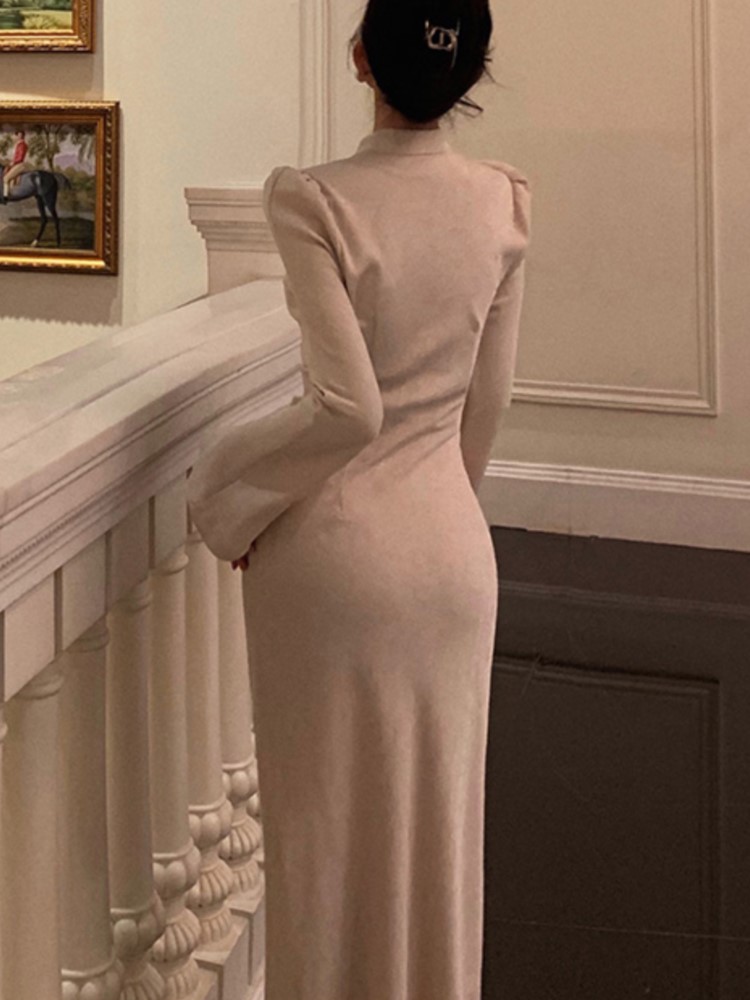 Chinese Style Midi Dress Women Flare Sleeve Slim Mermaid Autumn Spring Fashion Evening Party Prom Robe Wedding Vestidos Mujer