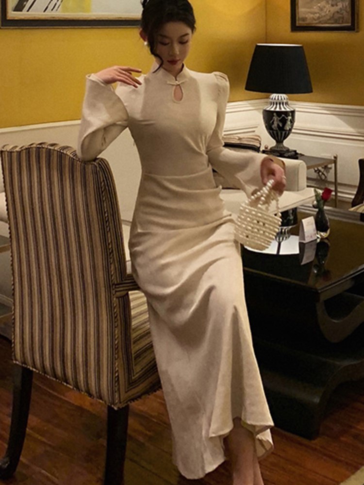 Chinese Style Midi Dress Women Flare Sleeve Slim Mermaid Autumn Spring Fashion Evening Party Prom Robe Wedding Vestidos Mujer