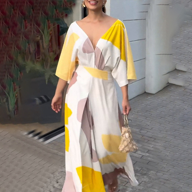 New Fashion Pattern Printed Waist Commuter Dress Ladies Deep V Pleated Long Dress Casual Color Block High Street Party Dresses