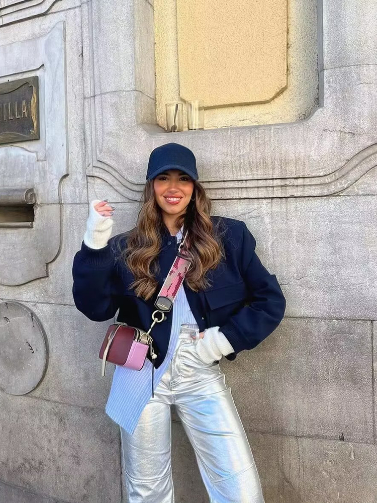 Suninheart Single Breated Bomber Jacket Coat Women Elegant Long Sleeve Large Pocket Short Coat Spring Ladies Fashion Coats 2023