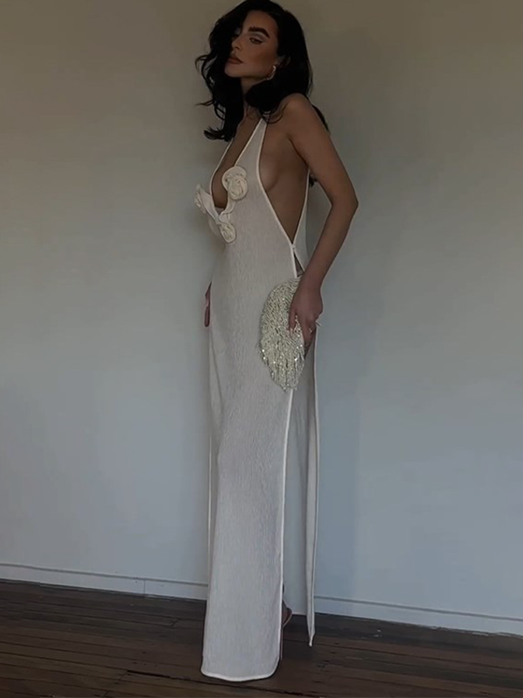 Sexy Deep V-neck Women Flower Knit Dress Fashion Slim Sleeveless High Split Maxi Dresses 2024 Summer Lady Beach Street Robes