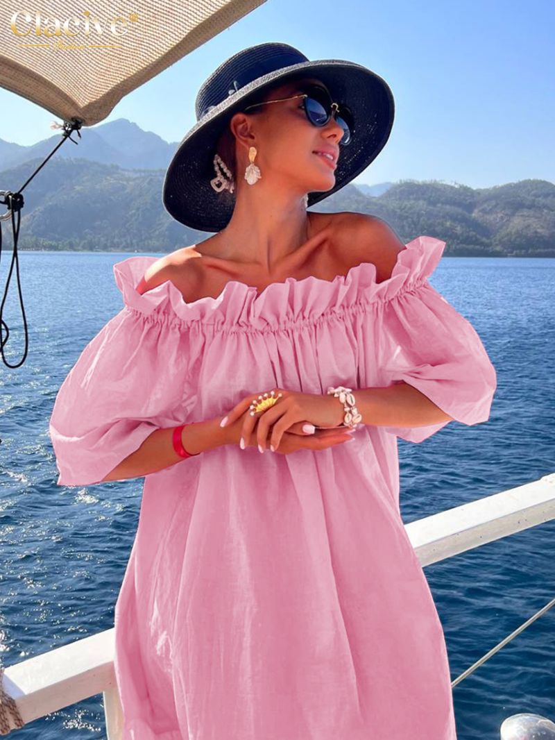 Clacive Casual Loose Pink Cotton Women's Dress Fashion Slash Neck Short Sleeve Ankle Length Dresses Elegant Pleated female Dress
