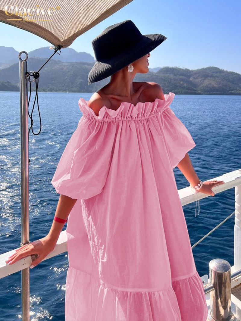 Clacive Casual Loose Pink Cotton Women's Dress Fashion Slash Neck Short Sleeve Ankle Length Dresses Elegant Pleated female Dress