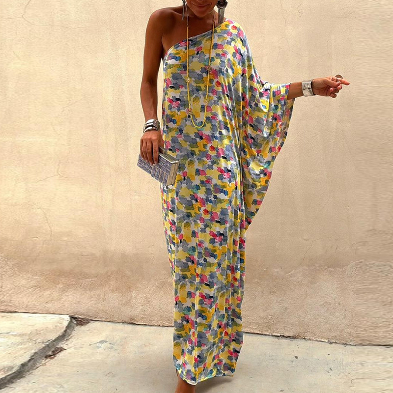 New Asymmetrical Loose Holiday Dress Sexy Off Shoulder Floral Print Bohemian Dress Women's Fashion Long Sleeved Pleated Dresses