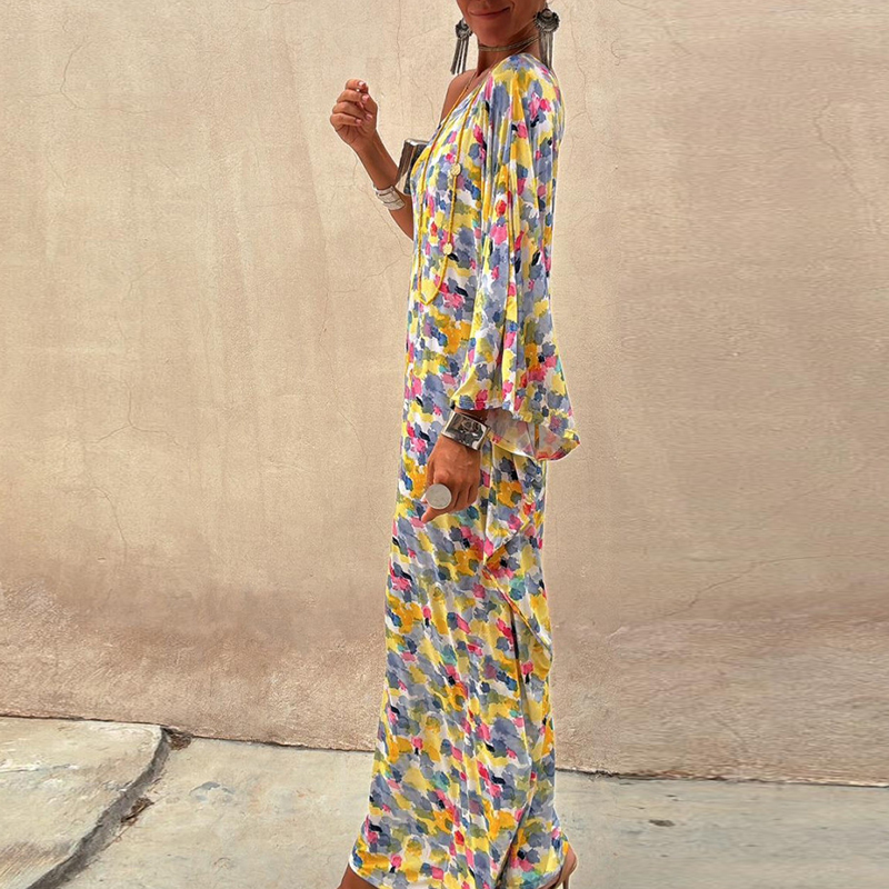 New Asymmetrical Loose Holiday Dress Sexy Off Shoulder Floral Print Bohemian Dress Women's Fashion Long Sleeved Pleated Dresses