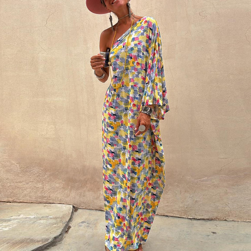 New Asymmetrical Loose Holiday Dress Sexy Off Shoulder Floral Print Bohemian Dress Women's Fashion Long Sleeved Pleated Dresses