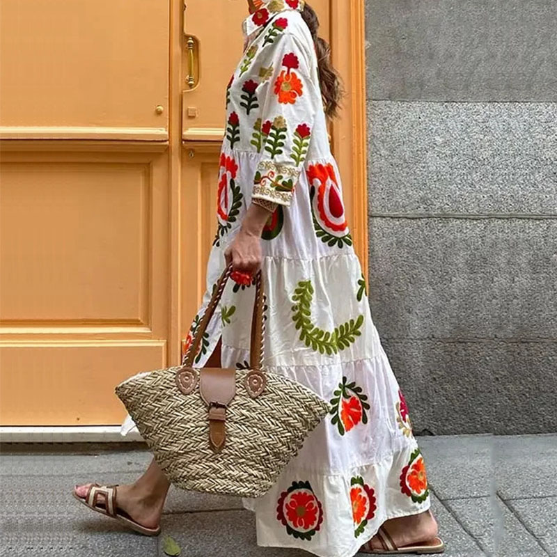 Lady Turn-down Collar Pleated Shirt Dress Summer Loose Single Breasted Commuting Dres Elegant Pattern Printed Long Sleeved Dress