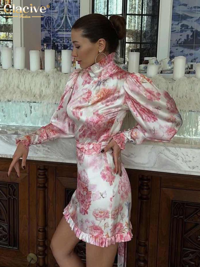 Clacive Fashion Loose Print Women's Dress 2024 Sexy Stand Collar Long Sleeve Mini Dresses Elegant Lace-Up Backless Female Dress