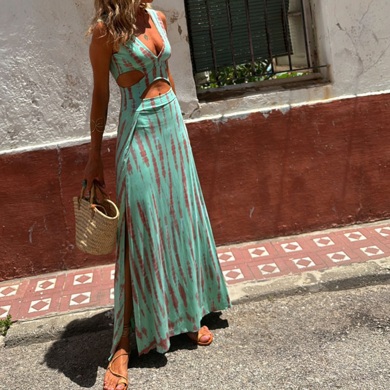 New Summer Women's V-neck Hollow Long Dress Fashion Printed Side Split Beach Dress Sexy Sleeveless Hollow High Waist Dress Mujer
