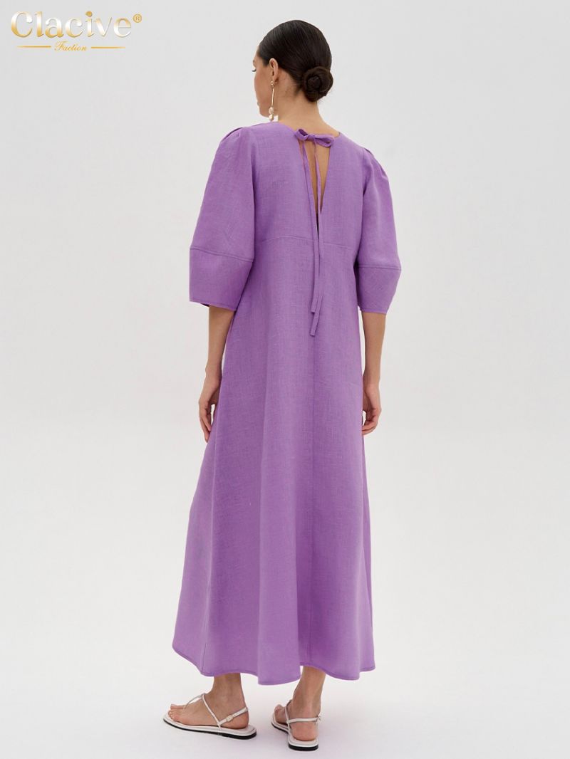 Clacive Casual Loose Purple Cotton Women Dress 2024 Summer V-Neck Half Sleeve Ankle Length Dresses Elegant Classic Female Dress