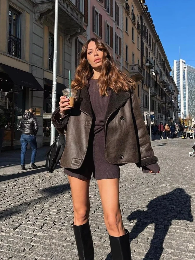 Suninheart Winter Coat for Women 2023 Faux Fur Thick Lapel Coat Female Warm PU Jacket Ladies with Pockets Streetwear Jackets