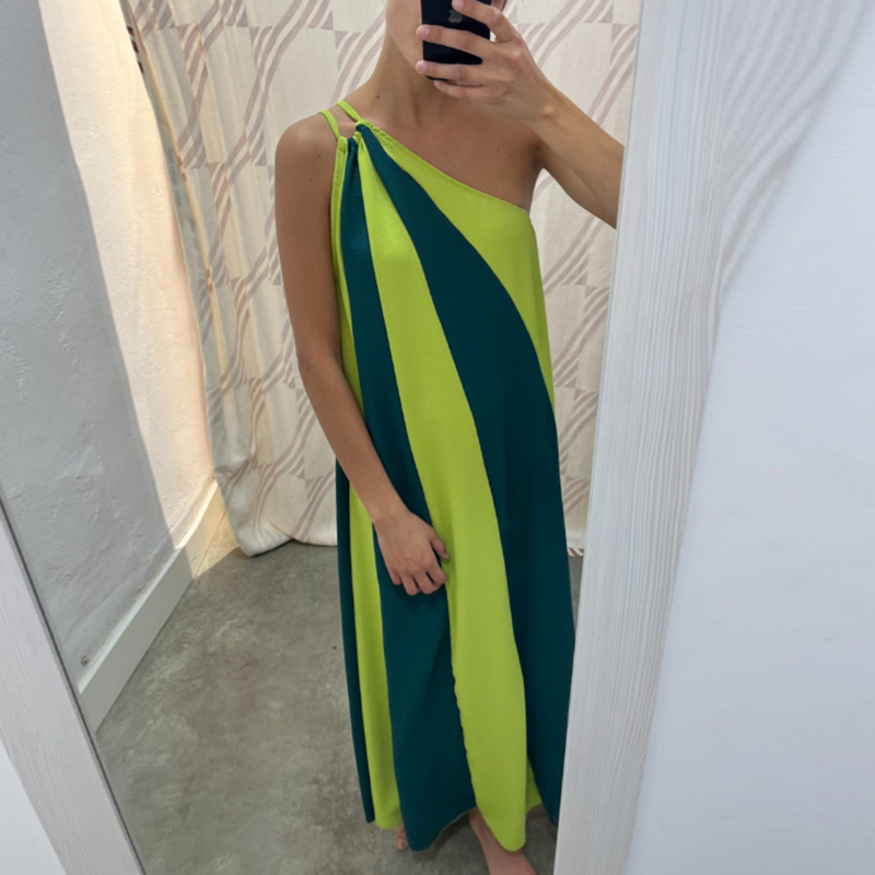 Summer Fashion Contrast Color Patchwork Long Dress Sexy Diagonal Neck Asymmetric Beach Dress Ladies Off Shoulder Holiday Dresses