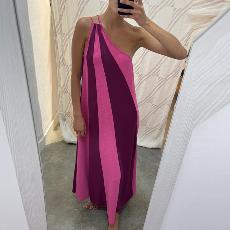 Summer Fashion Contrast Color Patchwork Long Dress Sexy Diagonal Neck Asymmetric Beach Dress Ladies Off Shoulder Holiday Dresses