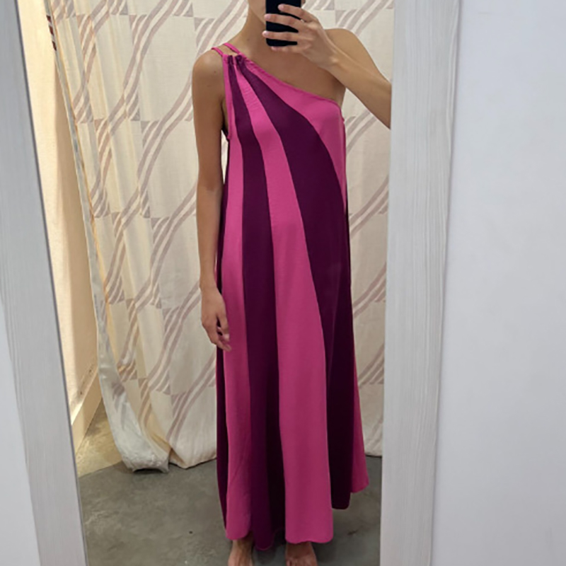 Summer Fashion Contrast Color Patchwork Long Dress Sexy Diagonal Neck Asymmetric Beach Dress Ladies Off Shoulder Holiday Dresses