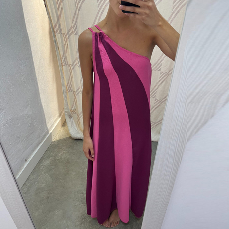 Summer Fashion Contrast Color Patchwork Long Dress Sexy Diagonal Neck Asymmetric Beach Dress Ladies Off Shoulder Holiday Dresses