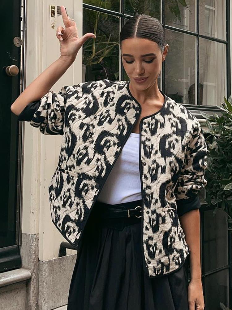 New Ink Printed Quilted Jacket For Women 2023 Casual Long Sleeve Cotton Coats Female Single Breasted Chic High Street Outerwear