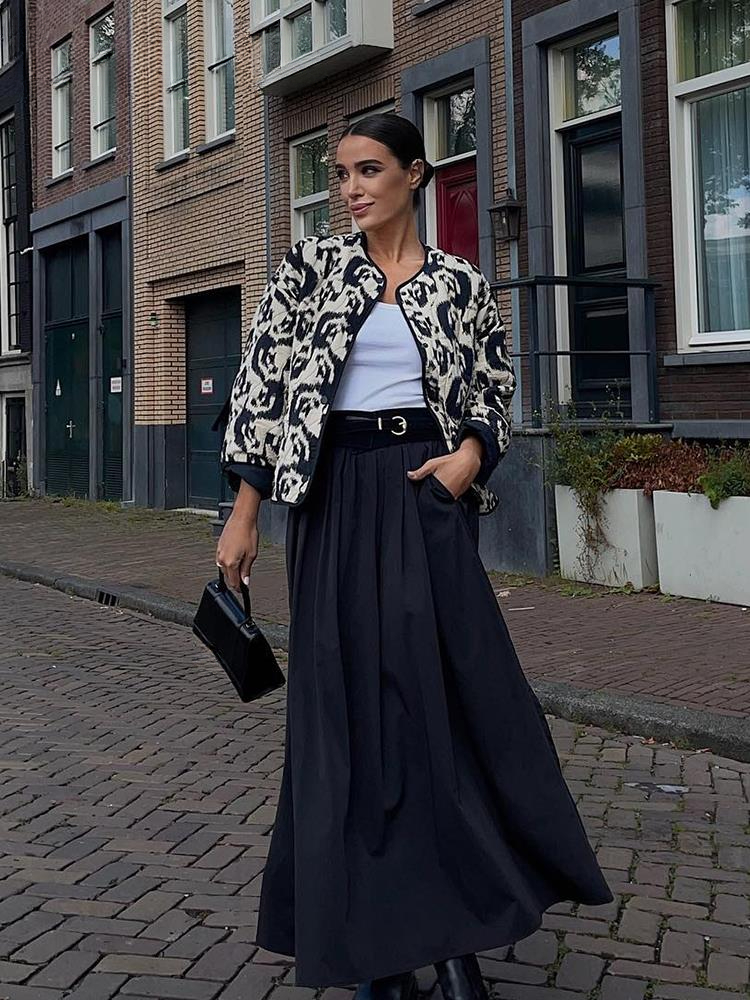 New Ink Printed Quilted Jacket For Women 2023 Casual Long Sleeve Cotton Coats Female Single Breasted Chic High Street Outerwear