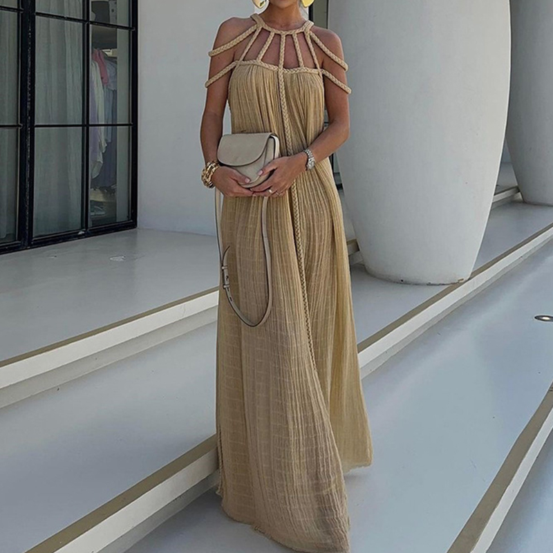 Sexy Hollow Backless High Waist Beach Dresses Elegant Ladies O-neck Hemp Rope Vacation Dress New Summer Loose Pleated Long Dress