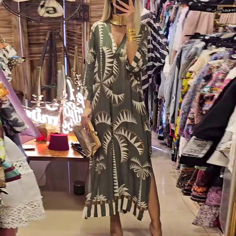 Spring Autumn Vintage Pattern Printed Women's Dress Casual V Neck Side Split Long Dress Elegant Long Sleeve Pleated Office Dress