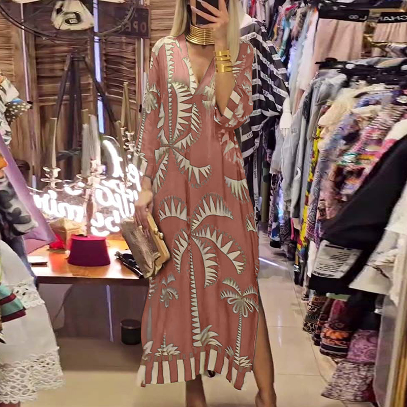 Spring Autumn Vintage Pattern Printed Women's Dress Casual V Neck Side Split Long Dress Elegant Long Sleeve Pleated Office Dress