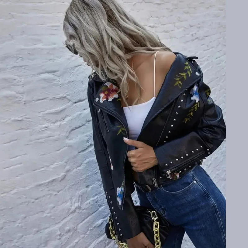 Women's Pu Leather Embroidery Rivet Jacket Female Chic Lapel Long Sleeves Bomber Jackets Metal Motorcycle Coat Outwear Coats