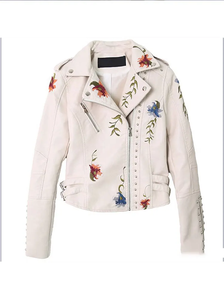 Women's Pu Leather Embroidery Rivet Jacket Female Chic Lapel Long Sleeves Bomber Jackets Metal Motorcycle Coat Outwear Coats