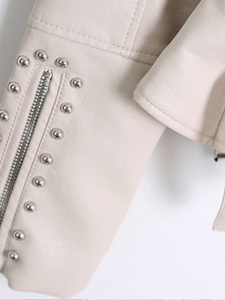 Women's Pu Leather Embroidery Rivet Jacket Female Chic Lapel Long Sleeves Bomber Jackets Metal Motorcycle Coat Outwear Coats