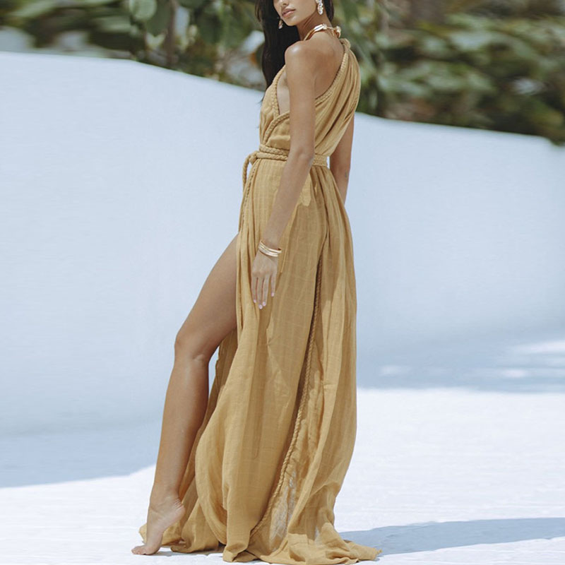 New Beach Strap Split Long Dress Sexy Hollow Off Shoulder Solid Party Dress Women's Fashion Diagonal Neck Bikini Cover Up Dress