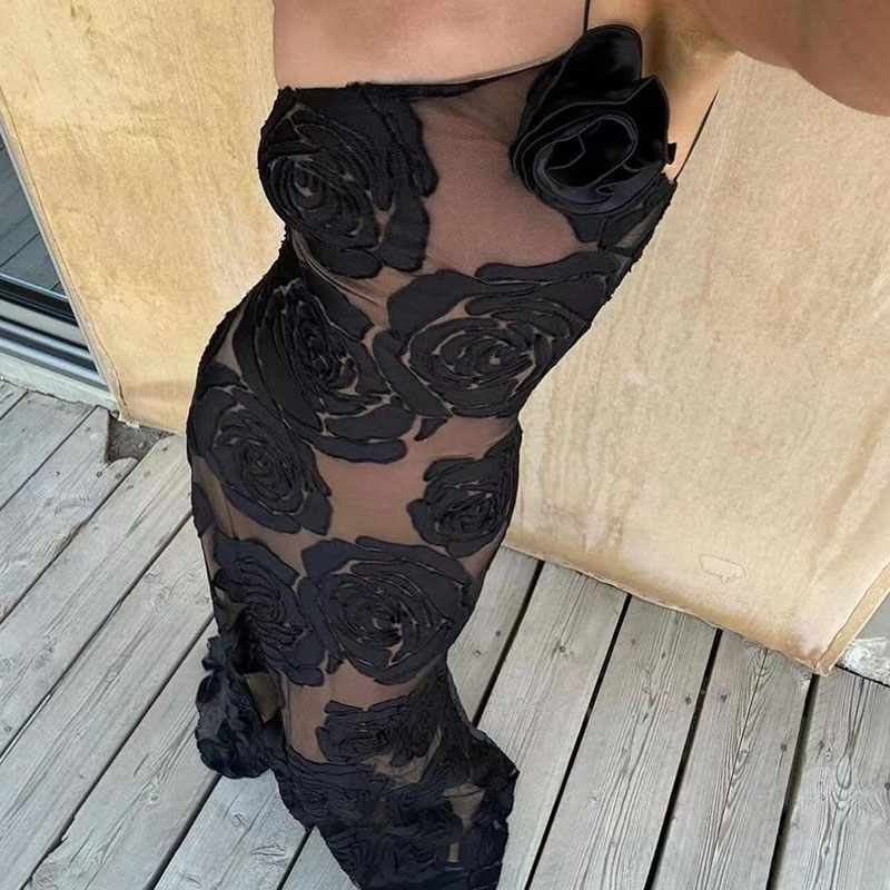 Sexy Asymmetric Flower Slim Party Dress Fashion Lace Embroidery Off Shoulder Women's Dress Elegant Spaghetti Strap Long Dresses