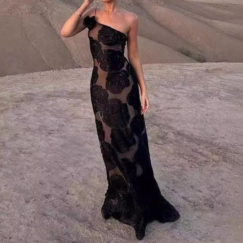 Sexy Asymmetric Flower Slim Party Dress Fashion Lace Embroidery Off Shoulder Women's Dress Elegant Spaghetti Strap Long Dresses