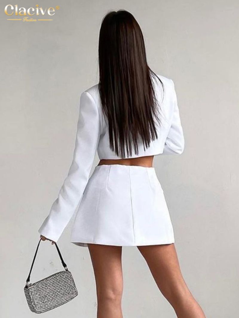 Clacive Fashion Slim White Dress Ladies Sexy Lapel Long Sleeve Mini Dress Elegant Classic Hollow Out Dresses For Women 2024
