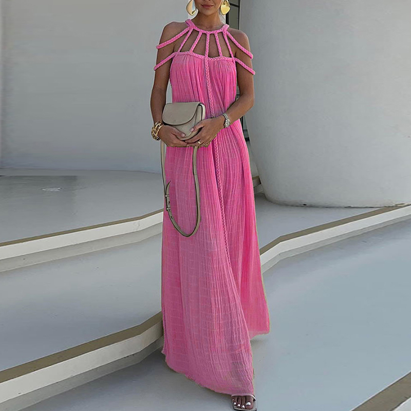 Multi Color Pleated Holiday Loose Dress New Summer Hollow Backless Beach Dress Casual O-neck Sleeveless Long Dresses for Women