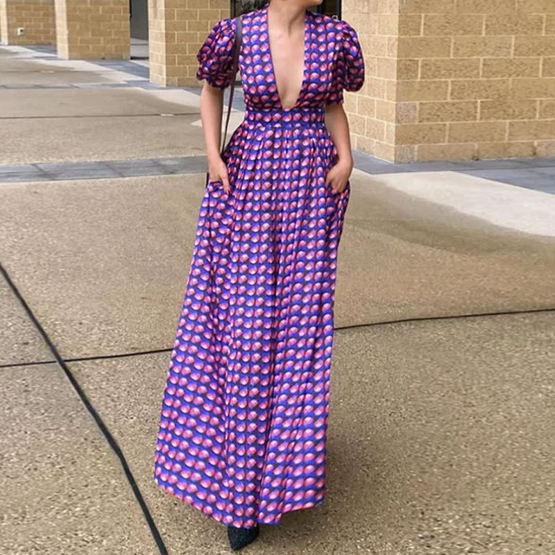 Casual Pattern Printed High Waist Long Dress Bohemian Loose Puff Sleeves Women's Dress Sexy Deep V Pocket Pleated Beach Dresses