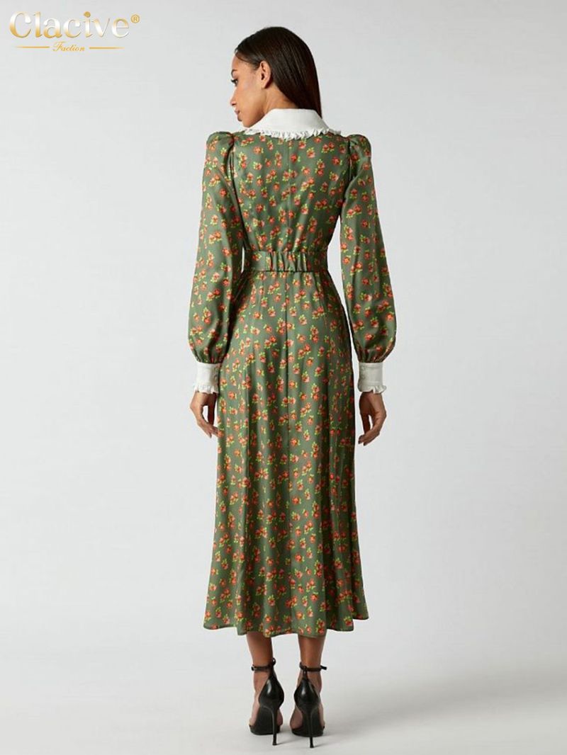 Clacive Fashion Print Office Women Dresses 2023 Elegant Doll Collar Long Sleeve Midi Dress Casual Single Breasting Female Dress