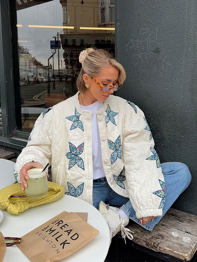 Elegant Embroidered Printed Loose Short Cotton Jacket Woman O Neck Long Sleeves Single Breasted Coat 2024 Autumn Lady Outerwear