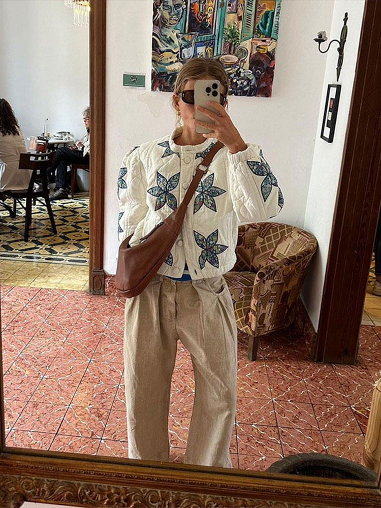 Elegant Embroidered Printed Loose Short Cotton Jacket Woman O Neck Long Sleeves Single Breasted Coat 2024 Autumn Lady Outerwear