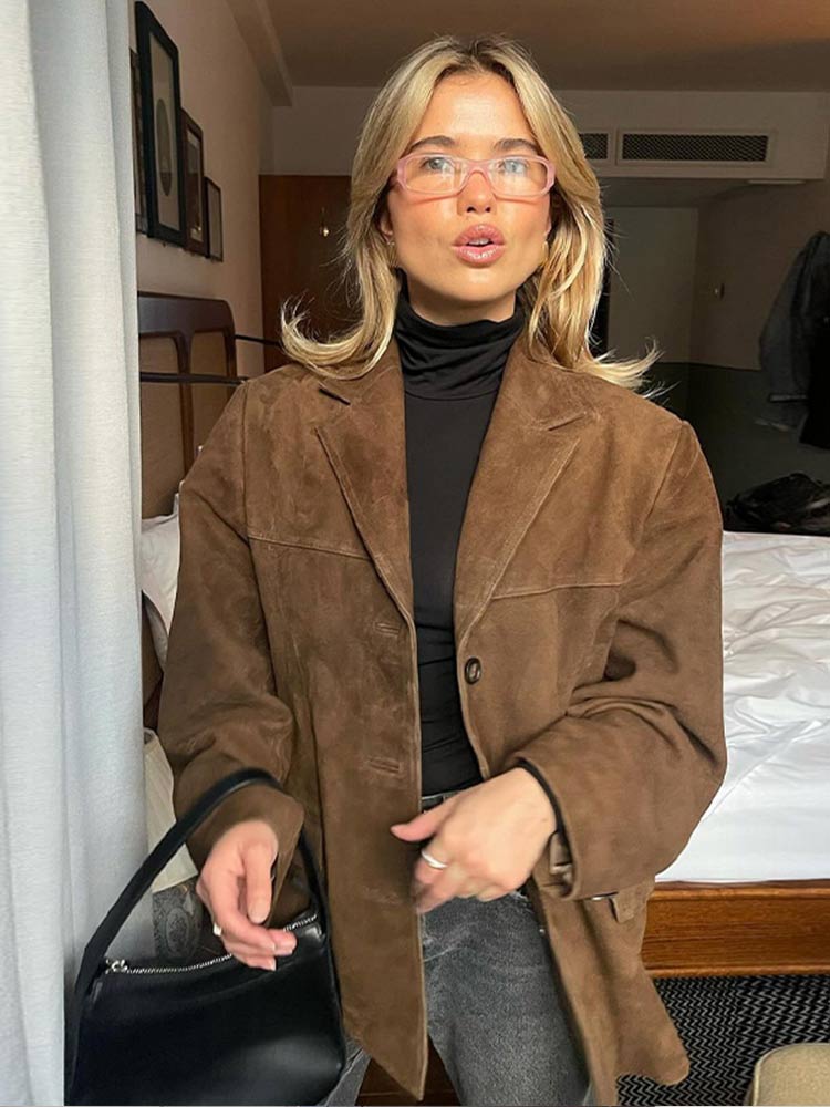 Autumn Brown Suede Jacket With Lapel Woman Casual Single Breasted Pocket Long Sleeve Short Coat 2024 Lady High Street Outwear