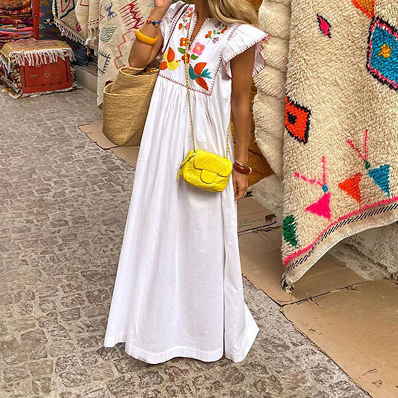2024 Summer Vacation Print Long Dress Casual Flying Sleeves High Waist Beach Dress Fashion V-neck Pleats Loose Women's Dresses