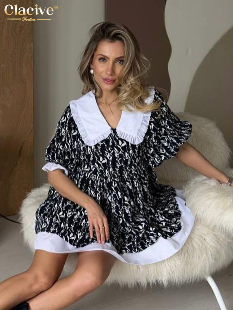 Clacive Fashion Loose Print Women's Dress Summer Doll Collar Short Sleeve Mini Dresses Elegant Classic Patchwork Female Dress