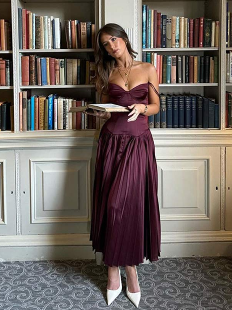 Women Elegant Solid Satin Slim Pleated Hem Dress Sexy Off Shoulder Backless High Waist Sling Long Dresses Lady Evening Vestidos