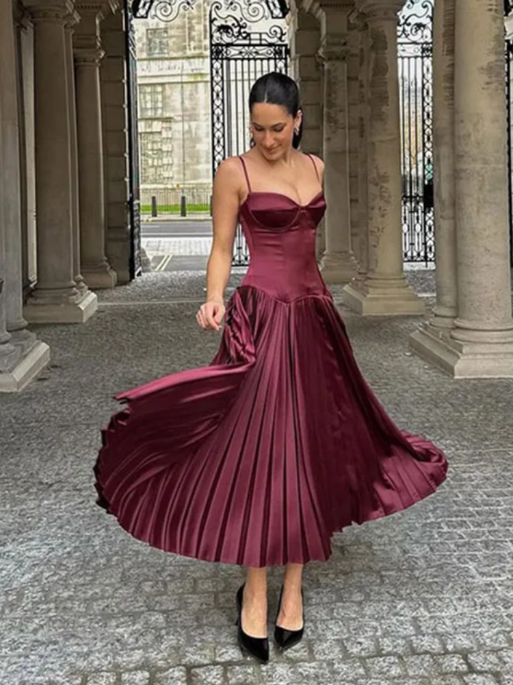 Women Elegant Solid Satin Slim Pleated Hem Dress Sexy Off Shoulder Backless High Waist Sling Long Dresses Lady Evening Vestidos
