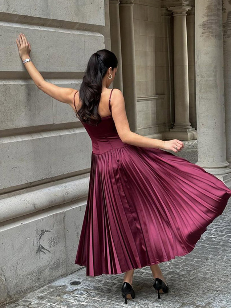 Women Elegant Solid Satin Slim Pleated Hem Dress Sexy Off Shoulder Backless High Waist Sling Long Dresses Lady Evening Vestidos